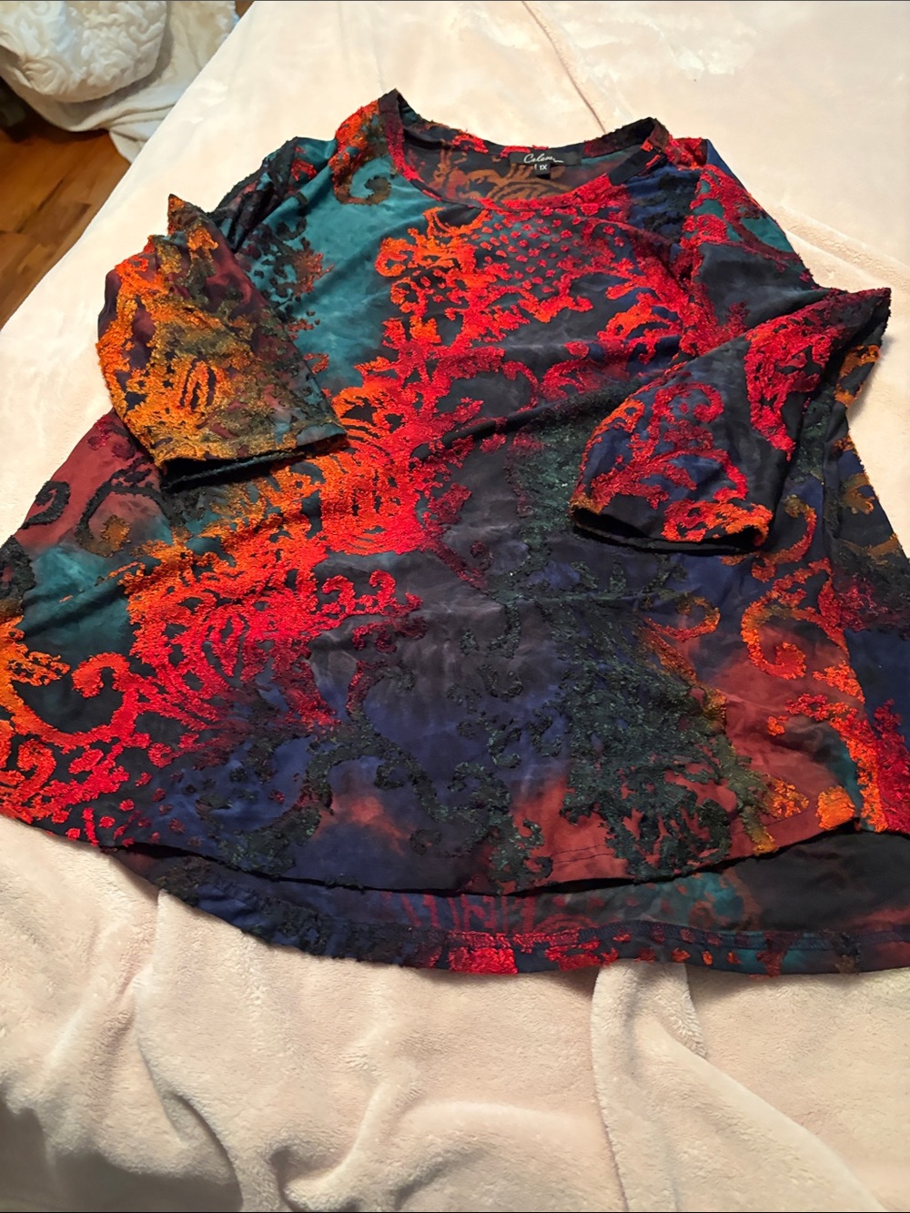 CALE Multicolor High-Low Velvet Burnout Skirt — Red, Teal, Purple, Orange
